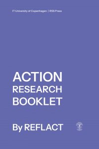 The book cover, which is violet background and big white letters saying Action Research Booklet by REFLACT